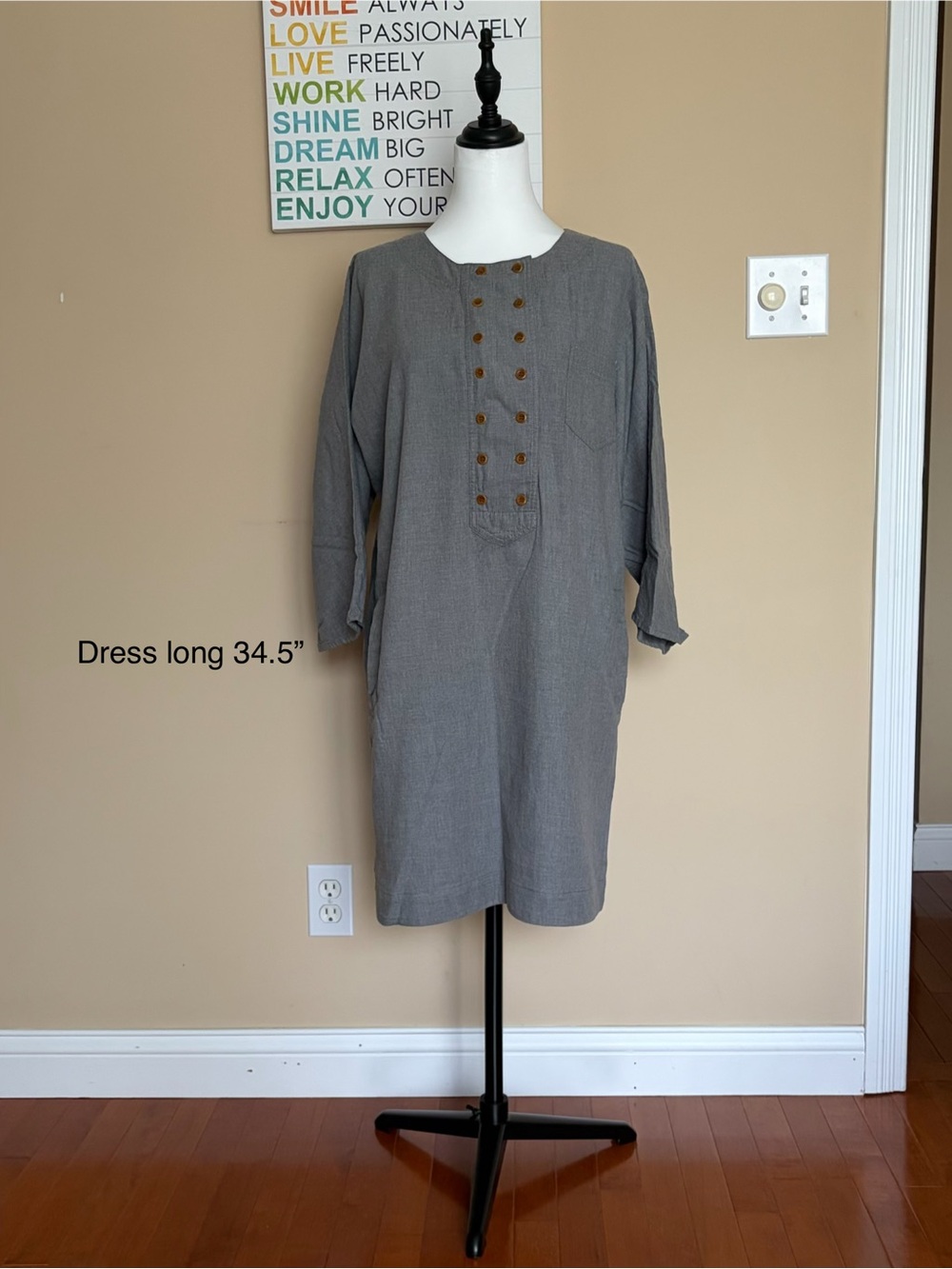 French Connection Gray Midi Shift Dress with Button Placket
